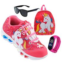 Kit Tenis de led infantil meninas Ledstar calce facil Unicornio desenhos Luzinhas mais Mochila relogio e oculos