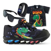 Kit Tênis De Led Infantil Menino Masculino Dinossauro + Camisa + Relógio + Óculos Kit Tênis De Led Infantil Menino Masculino Dinossauro + Camisa + Relógio + Óculos