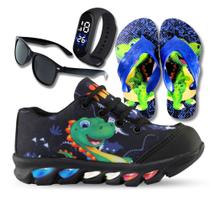 Kit Tênis De Led Infantil Menino Masculino Dinossauro + Chinelo + Relógio + Óculos