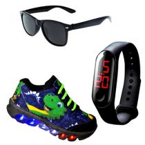 Kit Tênis De Led Infantil Menino Masculino Dinossauro + Relógio + Óculos Kit Tênis De Led Infantil Menino Masculino Dinossauro + Relógio + Óculos