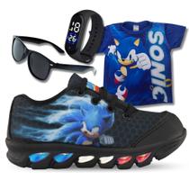 Kit Tênis De Led Infantil Menino Masculino Sonic Preto + Camisa + Relógio + Óculos - Kids