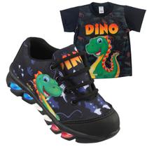 Kit Tenis de led infantil meninos Ledstar dinossauro luzinhas desenhos mais camisa