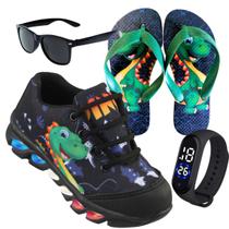 kit Tenis de led infantil meninos Ledstar dinossauro luzinhas desenhos mais chinelo relogio e oculos