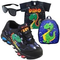 kit Tenis de led infantil meninos Ledstar dinossauro luzinhas desenhos mais mochila camisa e Oculos