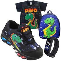 kit Tenis de led infantil meninos Ledstar dinossauro luzinhas desenhos mais mochila camisa e relogio