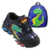 Kit Tenis de led infantil meninos Ledstar dinossauro luzinhas desenhos mais mochila