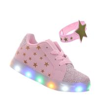 Kit Tenis de led luz que pisca calçado infantil rosa glitter com pulseira