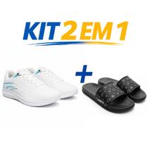 Kit tenis esportivo masculino e feminino caminhada corrida leve respiravel solado antiderrapante mais chinelo slide conforto premium