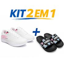 Kit tenis esportivo masculino e feminino caminhada corrida leve respiravel solado antiderrapante mais chinelo slide conforto premium