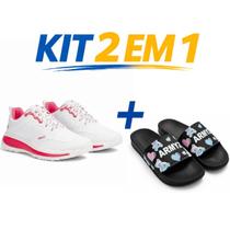Kit tenis esportivo masculino e feminino leve respiravel caminhada corrida academia mais chinelo slide macio confortavel antiderrapante uso diario