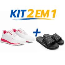 Kit tenis esportivo masculino e feminino leve respiravel caminhada corrida academia mais chinelo slide macio confortavel antiderrapante uso diario