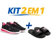 Kit tenis esportivo masculino e feminino leve respiravel caminhada corrida academia mais chinelo slide macio confortavel antiderrapante uso diario