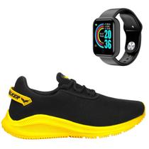 Kit Tênis Esportivo Preto Amarelo com Relógio Inteligente Celular