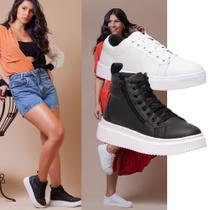 Kit Tênis Feminino Branco Casual E Bota Plataforma Preta Para Um Contraste Moderno E Estiloso. Sola Antiderrapante. Kit Tênis Feminino Branco Casual E Bota Plataforma Preta Para Um Contraste Moderno E Estiloso. Sola Antiderrapante.
