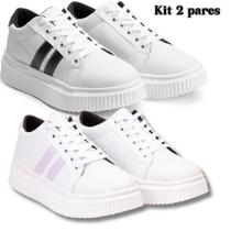 Kit Tênis Feminino Branco Sola Alta com Listras.