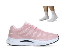 Kit Tênis Feminino Caminhada Rosa Academia + Meia Cano Alto Branca Kit Tênis Feminino Caminhada Rosa Academia + Meia Cano Alto Branca