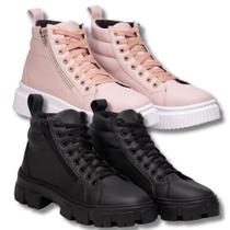 Kit Tênis Feminino Cano Longo Rosa + Coturno Feminino Preto Kit Tênis Feminino Cano Longo Rosa + Coturno Feminino Preto