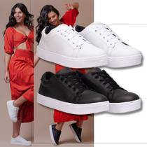 Kit Tênis Feminino Casuais, Um Branco + Outro Preto, Essenciais Para Um Guarda-Roupa Versátil, Oferecendo Duplo Estilo.