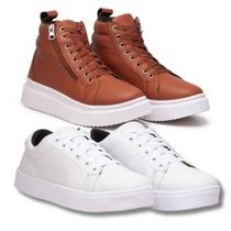 Kit Tênis Feminino Casual Branco + Coturno Feminino Caramelo