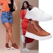 Kit Tênis Feminino Casual Branco Para Um Visual Leve, + Coturno Feminino Plataforma Caramelo Para Uma Dose De Estilo.