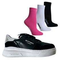 Kit Tênis Feminino Couro Bottero + 3 Meias Moleca Coloridas