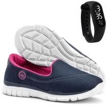 Kit Tênis Feminino Esportivo Calce Fácil Leve Sapatore Azul Marinho e Relógio LED