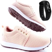 Kit Tênis Feminino Esportivo Casual Casual Amarrar Sapatore Rosa e Relógio LED