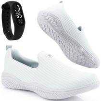 Kit Tênis Feminino Esportivo Casual Leve Sapatore Branco Enfermagem e Relógio LED