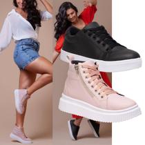 Kit Tênis Feminino Preto Clássico Combinado Com Um Tênis Plataforma Rosa Para Um Toque De Estilo E Altura