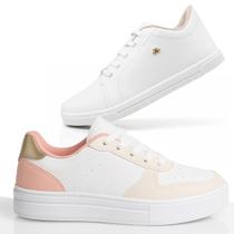 Kit Tênis Feminino Sneakers Branco Versátil Estilo Chunky Cano Baixo Liso Dourado