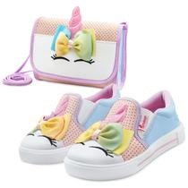 Kit Tênis Iate infantil Unicórnio Com Bolsinha Menina Gatatuya Laço Rosa/Azul/Lilás