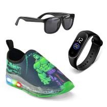 Kit Tenis Infantil Calcefacil HULK LED Masculino Óculos+Relógio