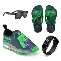 Kit Tenis Infantil LED Masculino Calcefacil Hulk + Oculos+Relogio+chinelo