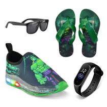 Kit Tenis Infantil LED Masculino Calcefacil Hulk + Oculos+Relogio+chinelo