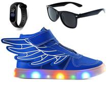 Kit Tenis Infantil Led Meninos Botinha Asas Escolar Casual com Oculos E Relogio