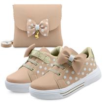Kit Tênis Infantil Menina Com Bolsa Laço Feminino Nude/Branco Glitter Mz Shoes Kit Tênis Infantil Menina Com Bolsa Laço Feminino Nude/Branco Glitter Mz Shoes