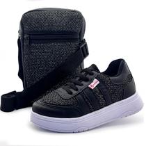 Kit Tênis Infantil Menina Preto Lilás Brilho Feminina Com Bolsa Calce Fácil Mzkid Kit Tênis Infantil Menina Preto Lilás Brilho Feminina Com Bolsa Calce Fácil Mzkid