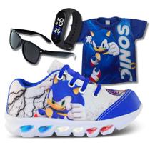 Kit Tênis Led Infantil Menino Masculino Sonic + Camisa + Relógio + Óculos