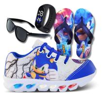 Kit Tênis Led Infantil Menino Masculino Sonic + Chinelo + Relógio + Óculos