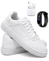 KIT Tênis Masculino Casual Urbano Preto e Branco Leve Confortável e Estiloso C Fone e Relógio