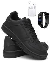 KIT Tênis Masculino Casual Urbano Preto e Branco Leve Confortável e Estiloso C Fone e Relógio