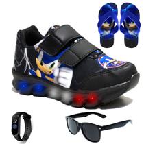Kit Tenis Masculino Infantil De Led Meninos Sonic + Chinelo + Oculos + Relogio