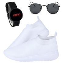 Kit Tênis Masculino Passeio Super Leve Branco + Relógio Digital Silicone + Óculos Hexagonal Preto Kit Tênis Masculino Passeio Super Leve Branco + Relógio Digital Silicone + Óculos Hexagonal Preto
