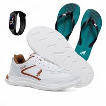 Kit Tênis Masculino Polo Casual Gold Conforto Estilo e Leveza + Chinelo + Relógio Digital no Seu Dia