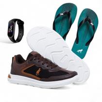 Kit Tênis Masculino Polo Casual Gold Conforto Estilo e Leveza + Chinelo + Relógio Digital no Seu Dia