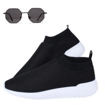 Kit Tênis Meia Feminino Super Leve Confortável Preto + Óculos Hexagonal Preto