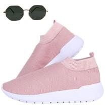 Kit Tênis Meia Feminino Super Leve Confortável Rosa + Óculos Hexagonal Dourado