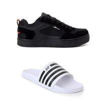 Kit Tênis Preto Camurça Skatista Chinelo Sandália Slide Unissex Kit Tênis Preto Camurça Skatista Chinelo Sandália Slide Unissex