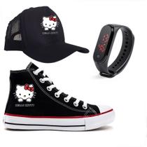 Kit Tênis Relogio Infantil Boné Adulto Desenho Feminina Hello Kitty