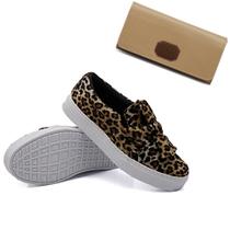 Kit Tênis Slip On com Detalhes Laço Amanda Block Estampado e Carteira